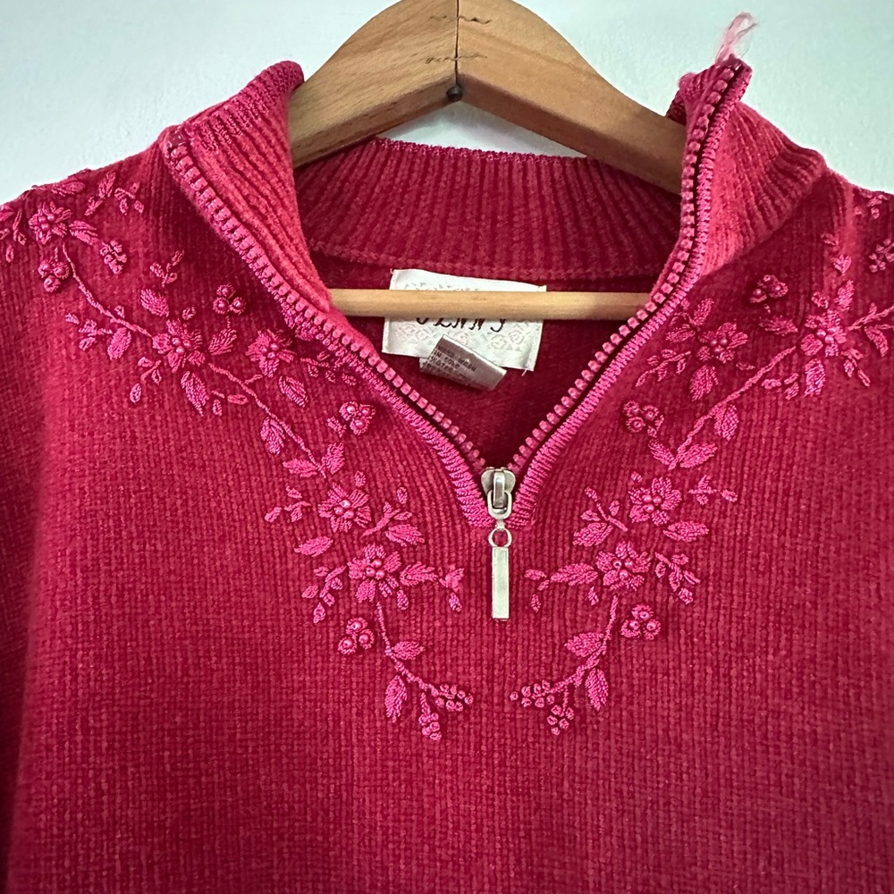 Vintage Raspberry Pink Women's Embroidered Quarter Zip Sweater - Picture 5 of 11